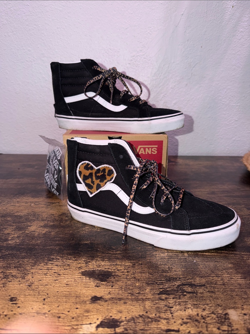 Vans Black High-Top Sneakers with Leopard Heart and Patterned Laces